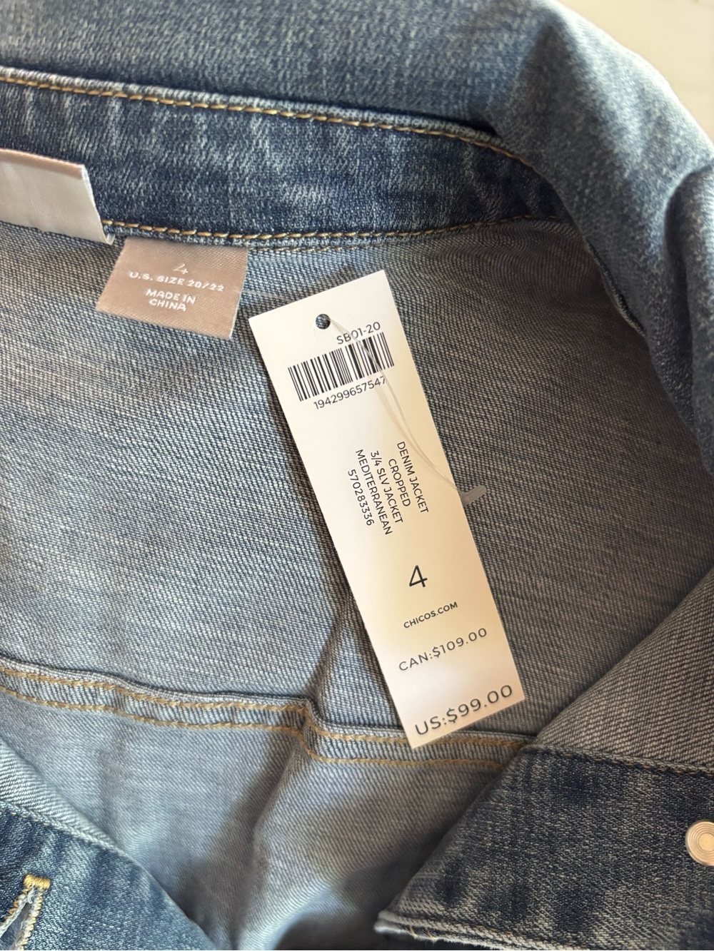 *NEW* Chico’s Cropped Denim Jacket 3/4 Sleeve - Mediterranean - Size - 20/22 - Picture 7 of 11